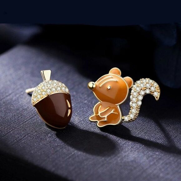 Acorn & Squirrel Enamel Crystal Mismatch Gold Stud Earrings - Picture 9 of 10